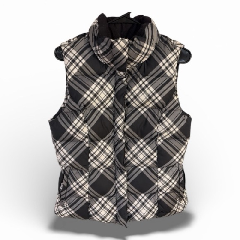 Eddie Bauer Black White Checkered Plaid Puffer Vest Medium Cabincore Vintage